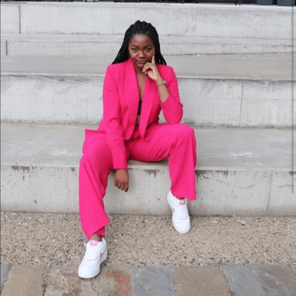 Hot pink power suit.